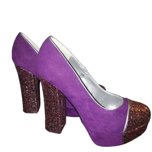 C Label Purple Suede Platform Glitter Heels Size 6.5 - Picture 1 of 7